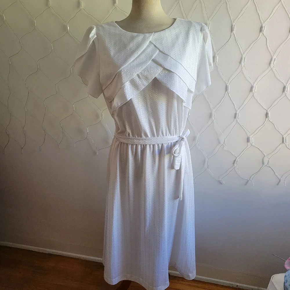 Vintage White Ruffle Dress by Lucky Barbara • 70s/80s • Fits Medium to Large